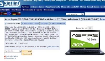 Acer Aspire V3-571G получит видеокарту NVIDIA GeForce GT